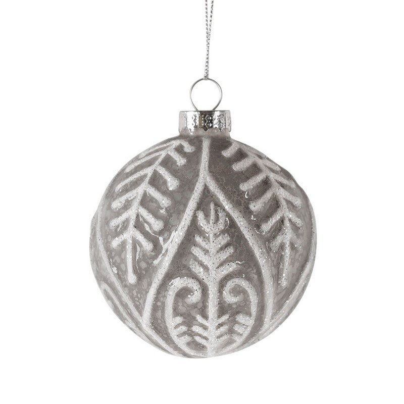 12 x Christmas Tree Baubles Decoration White & Silver with Glitter Pattern - 13cm Scandi by Wensum