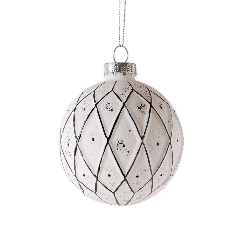12 x Christmas Tree Baubles Decoration White & Silver with Glitter Pattern - 13cm Scandi by Wensum
