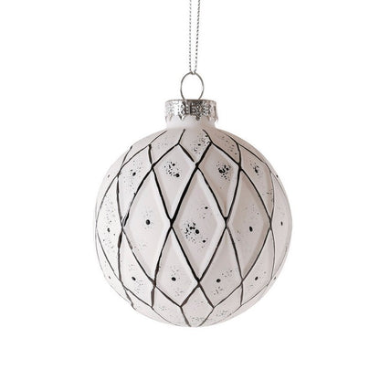 12 x Christmas Tree Baubles Decoration White & Silver with Glitter Pattern - 13cm Scandi by Wensum