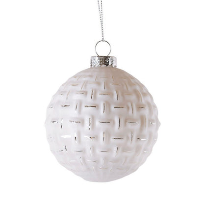 12 x Christmas Tree Baubles Decoration White & Silver with Glitter Pattern - 13cm Scandi by Wensum