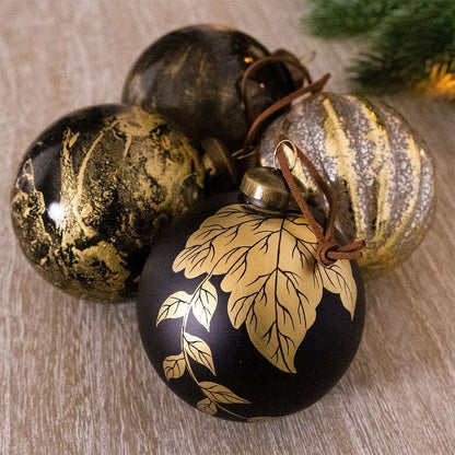 12 x Christmas Tree Baubles Decoration Black & Gold with Glitter Pattern - 8cm Industrial by Wensum Primary Image