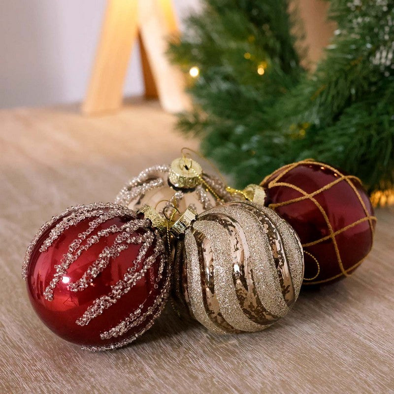 12 x Christmas Tree Baubles Decoration Red & Gold with Glitter Pattern - 8cm by Wensum Primary Image