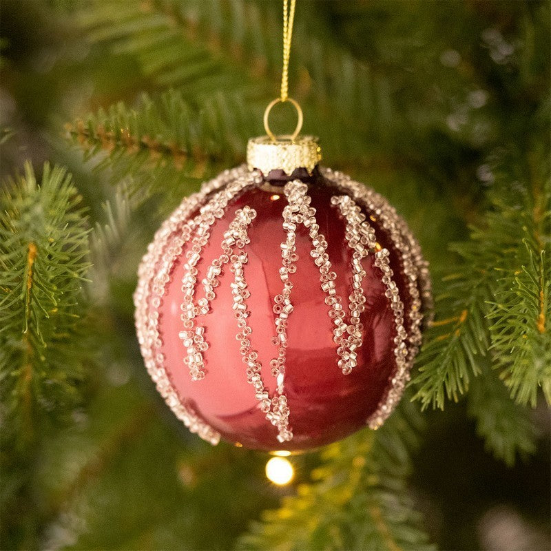 12 x Christmas Tree Baubles Decoration Red & Gold with Glitter Pattern - 8cm by Wensum