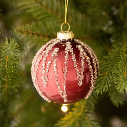 12 x Christmas Tree Baubles Decoration Red & Gold with Glitter Pattern - 8cm by Wensum