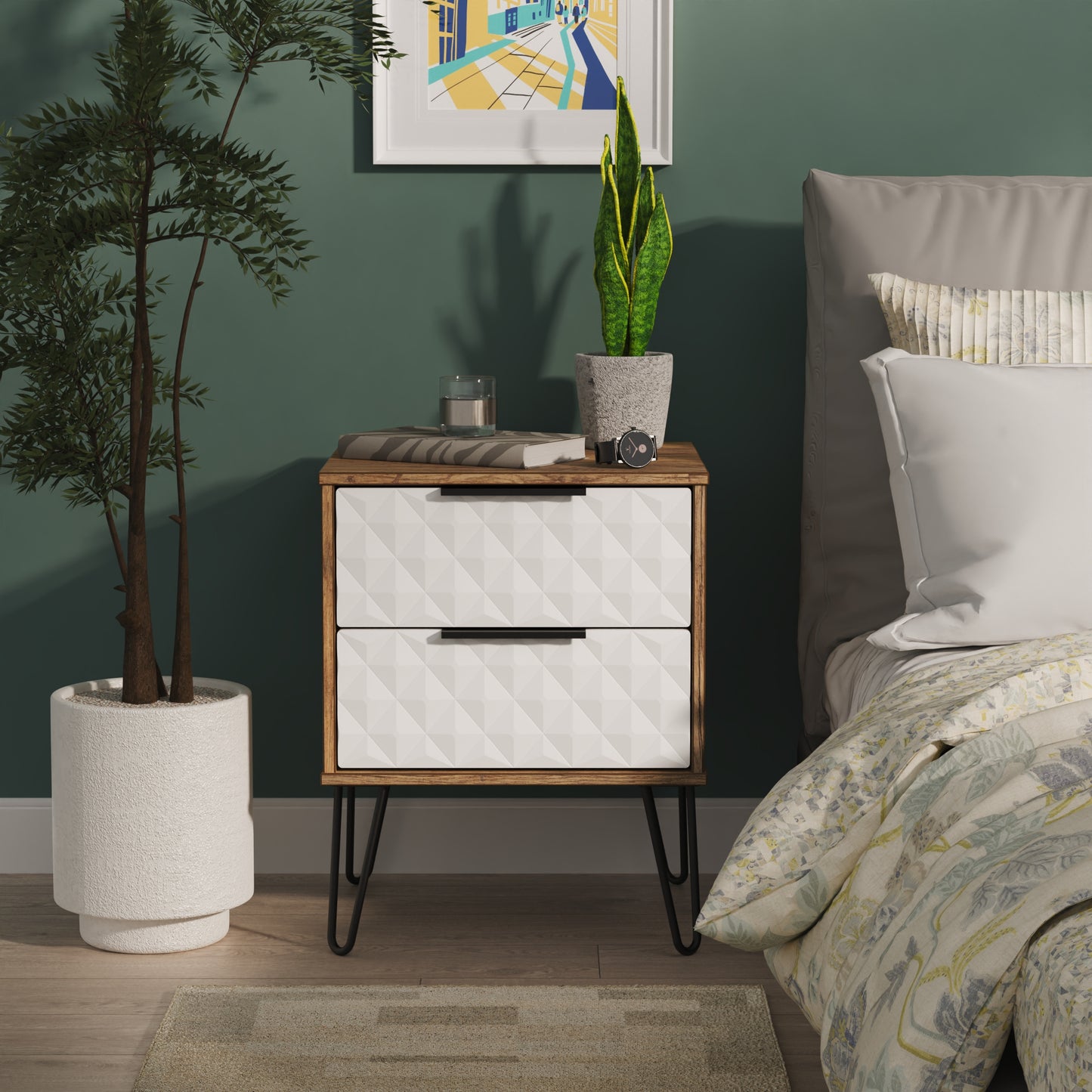 Harlequin Bedside Table White & Oak 2 Drawers 60cm
