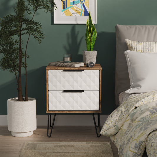 Harlequin Bedside Table White & Oak 2 Drawers 60cm