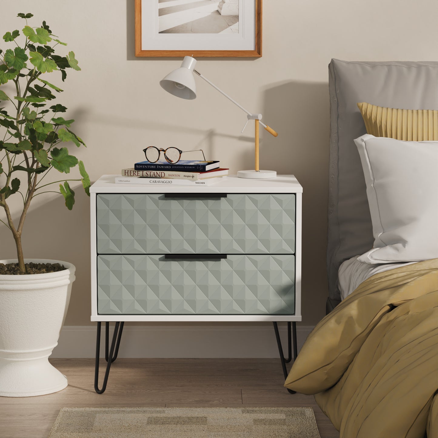 Harlequin Side Table Teal & White 2 Drawers 60cm