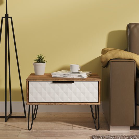 Harlequin Side Table White & Oak 1 Drawer 58cm