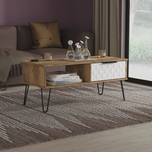 Harlequin Coffee Table White & Oak 1 Shelf 1 Drawer 92cm