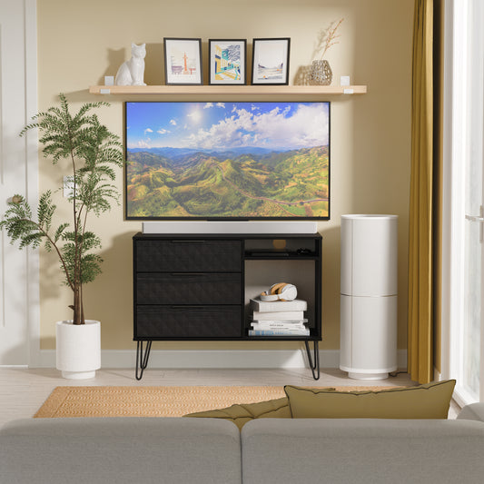 Harlequin TV Unit Black 2 Shelves 3 Drawers 97cm