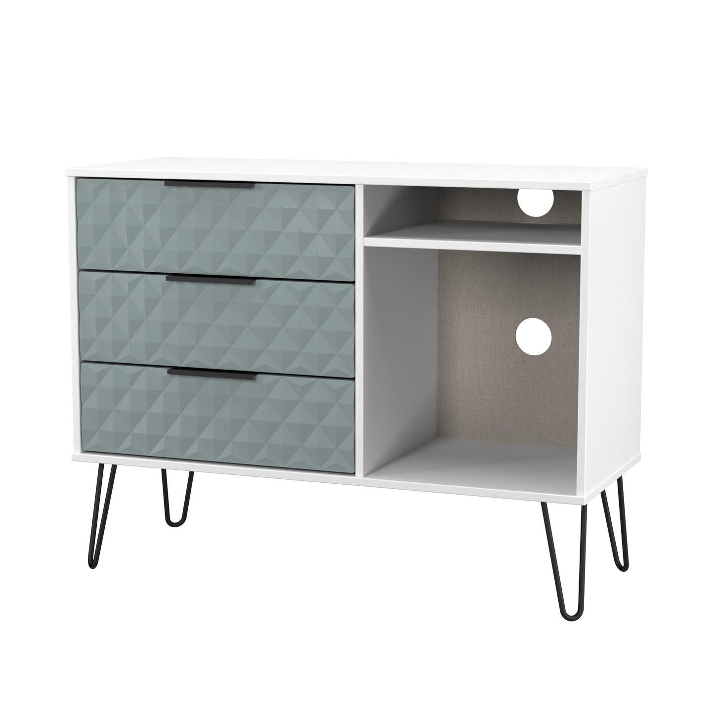 Harlequin TV Unit Teal & White 2 Shelves 3 Drawers 97cm