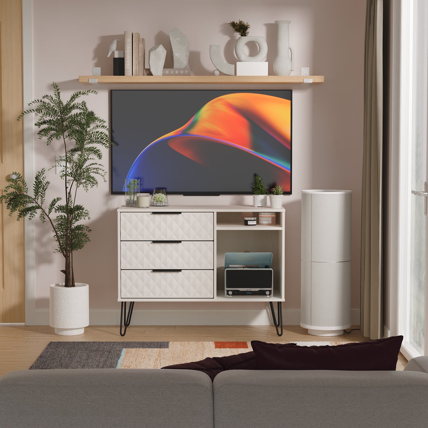 Harlequin TV Unit Off-White 2 Shelves 3 Drawers 97cm