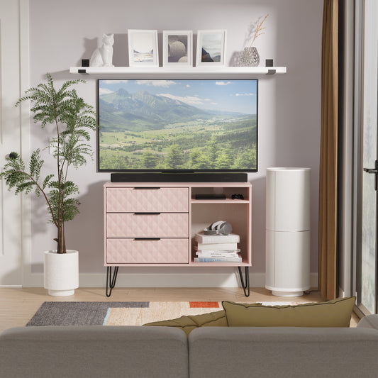 Harlequin TV Unit Pink 2 Shelves 3 Drawers 97cm