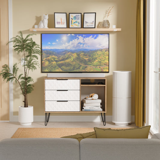 Harlequin TV Unit White & Oak 2 Shelves 3 Drawers 97cm