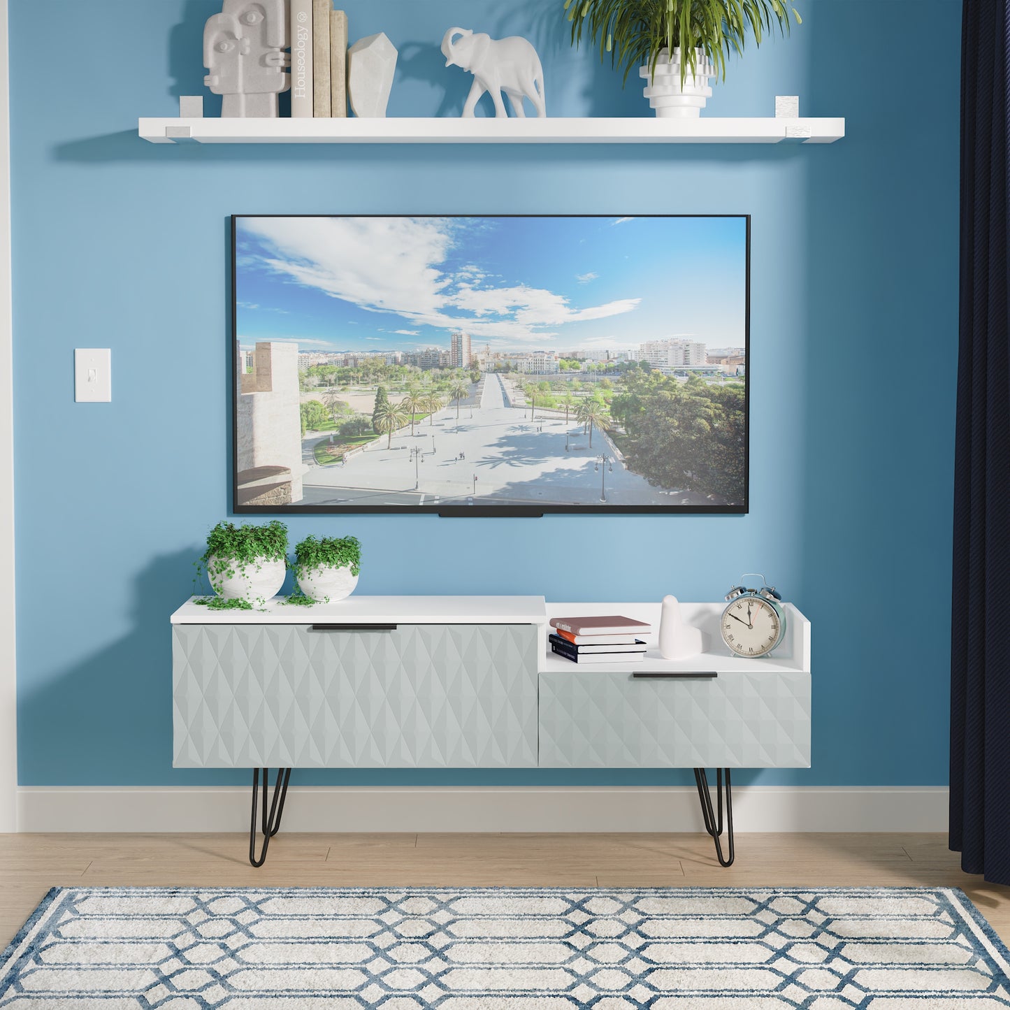 Harlequin TV Unit Teal & White 1 Shelf 2 Drawers 128cm