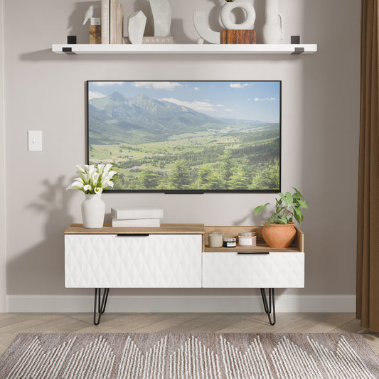 Harlequin TV Unit White & Oak 1 Shelf 2 Drawers 128cm