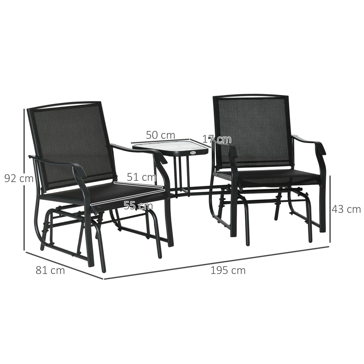 Outsunny Garden Double Glider Rocking Chairs Metal Gliding Love Seat with Middle Table Conversation Set Patio Backyard Relax Outdoor Furniture Black