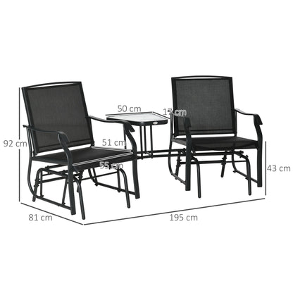Outsunny Garden Double Glider Rocking Chairs Metal Gliding Love Seat with Middle Table Conversation Set Patio Backyard Relax Outdoor Furniture Black