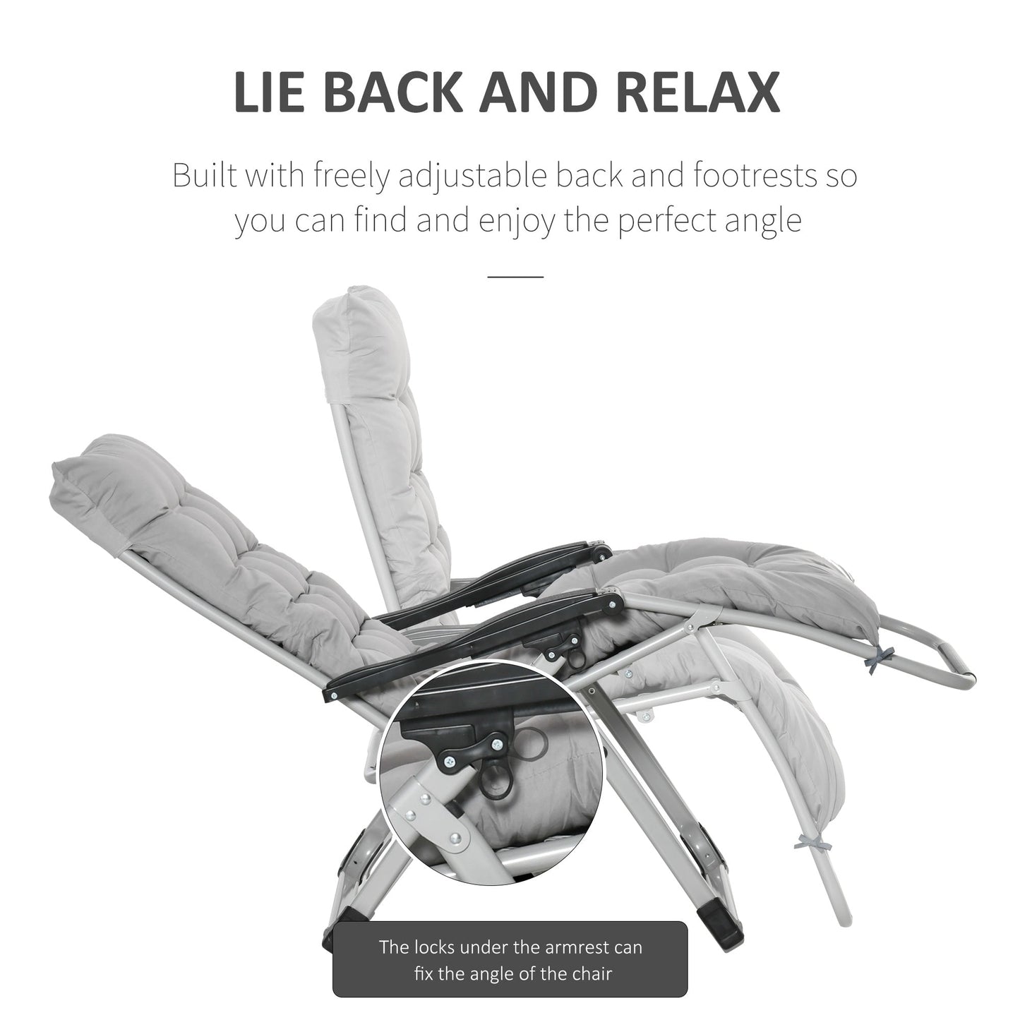 2-Piece Reclining Zero Gravity Chair Metal Frame Folding Garden Sun Lounger with Cushion Headrest Light Grey