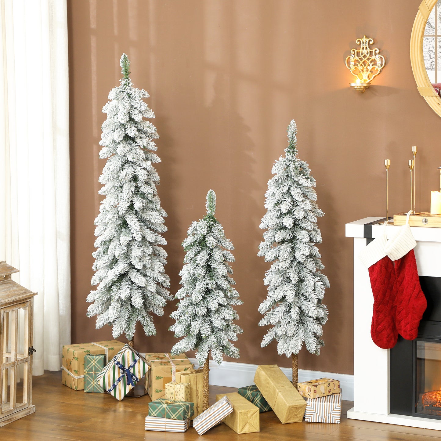 3x Slim Pencil Christmas Tree Artificial - White Frosted Green   Tips