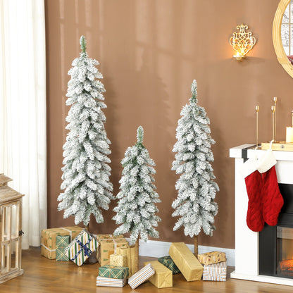 3x Slim Pencil Christmas Tree Artificial - White Frosted Green   Tips