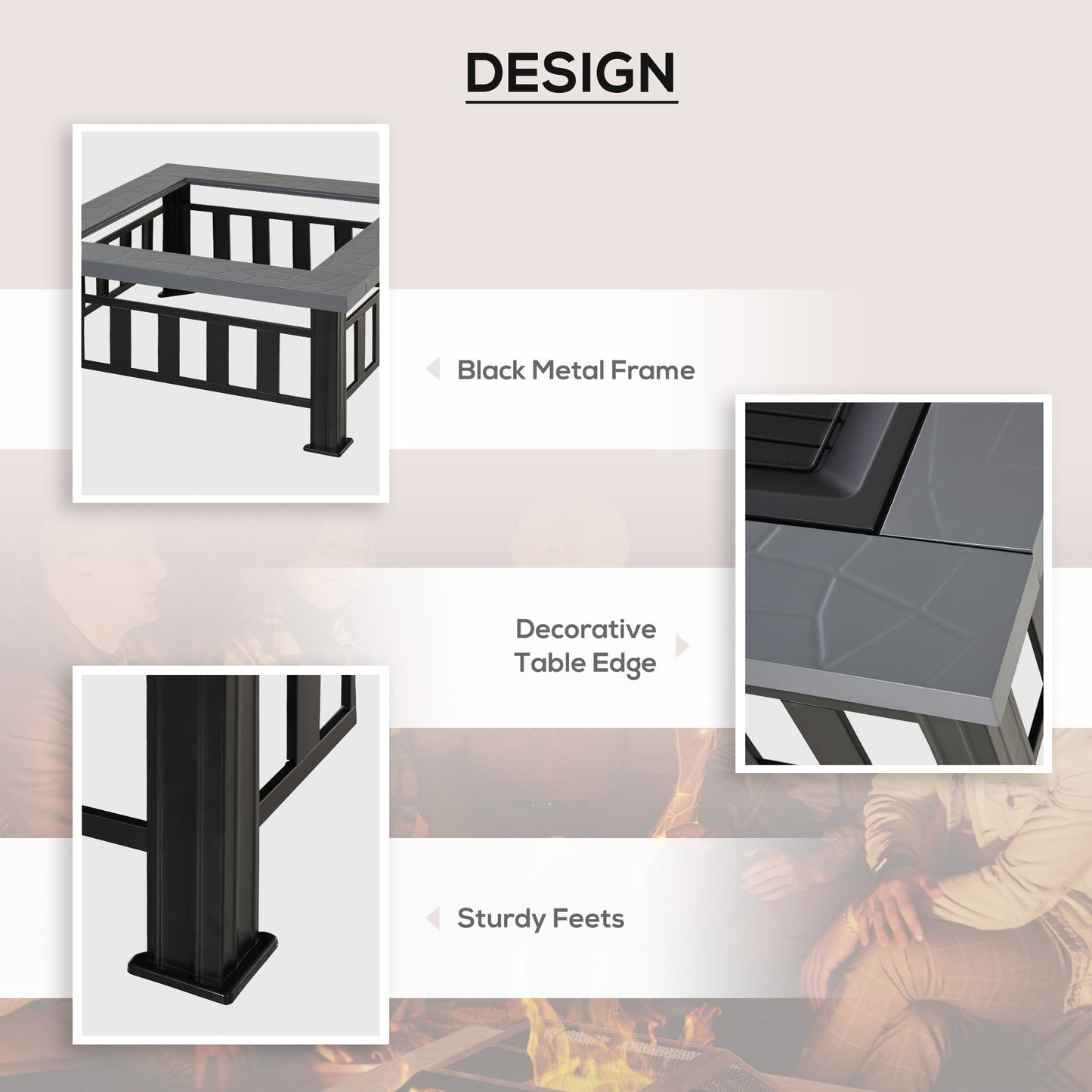 Metal Large Firepit Outdoor Square Fire Pit Brazier w/ Rain Cover