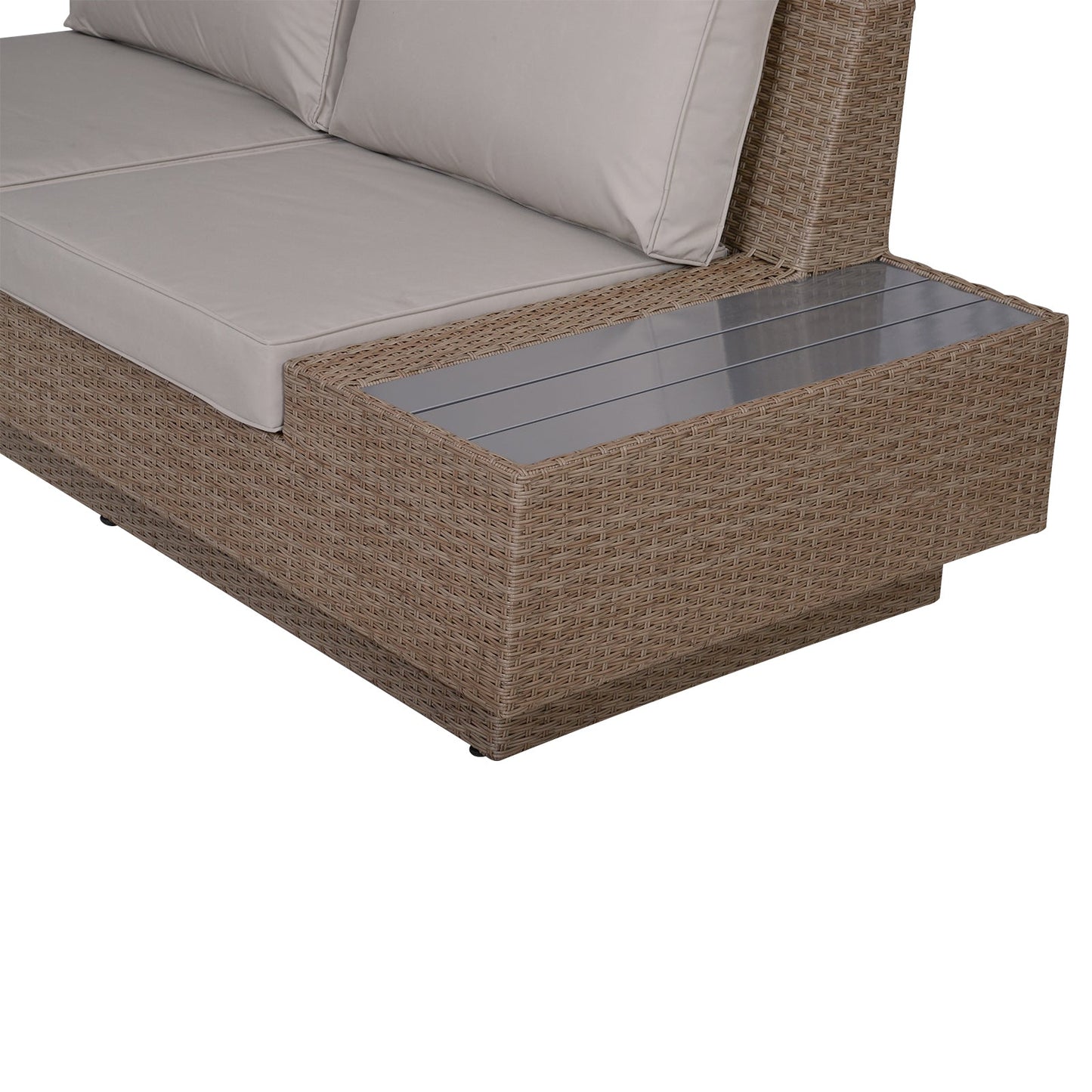 4-Piece Rattan Garden Furniture Outdoor Sectional Corner Sofa and Coffee Table Set Conservatory Wicker Weave Furniture with Armrest and Cushions - Beige