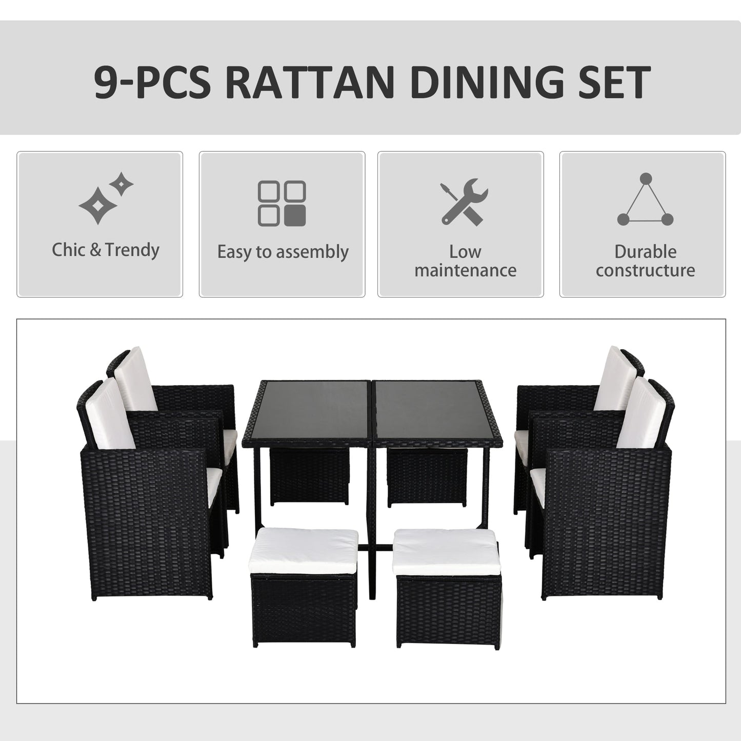 9-Pieces PE Rattan Cube Garden Furniture Set with Cushions