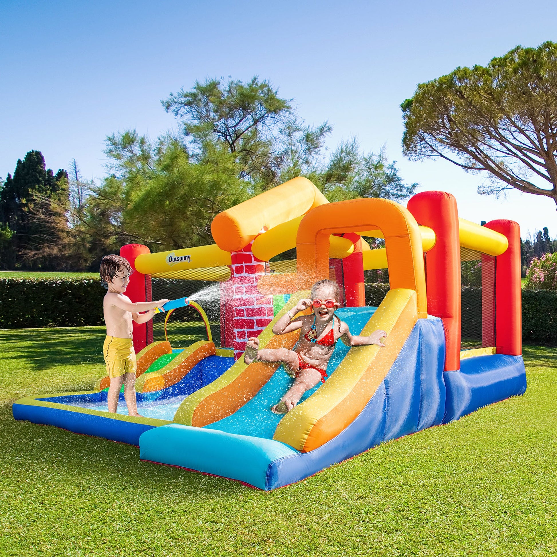 4 in 1 Kids Bouncy Castle Extra Large Double Slides & Trampoline Design Inflatable House Pool Climbing Wall with Blower Carrybag for Kids Age 3-8 Primary Image