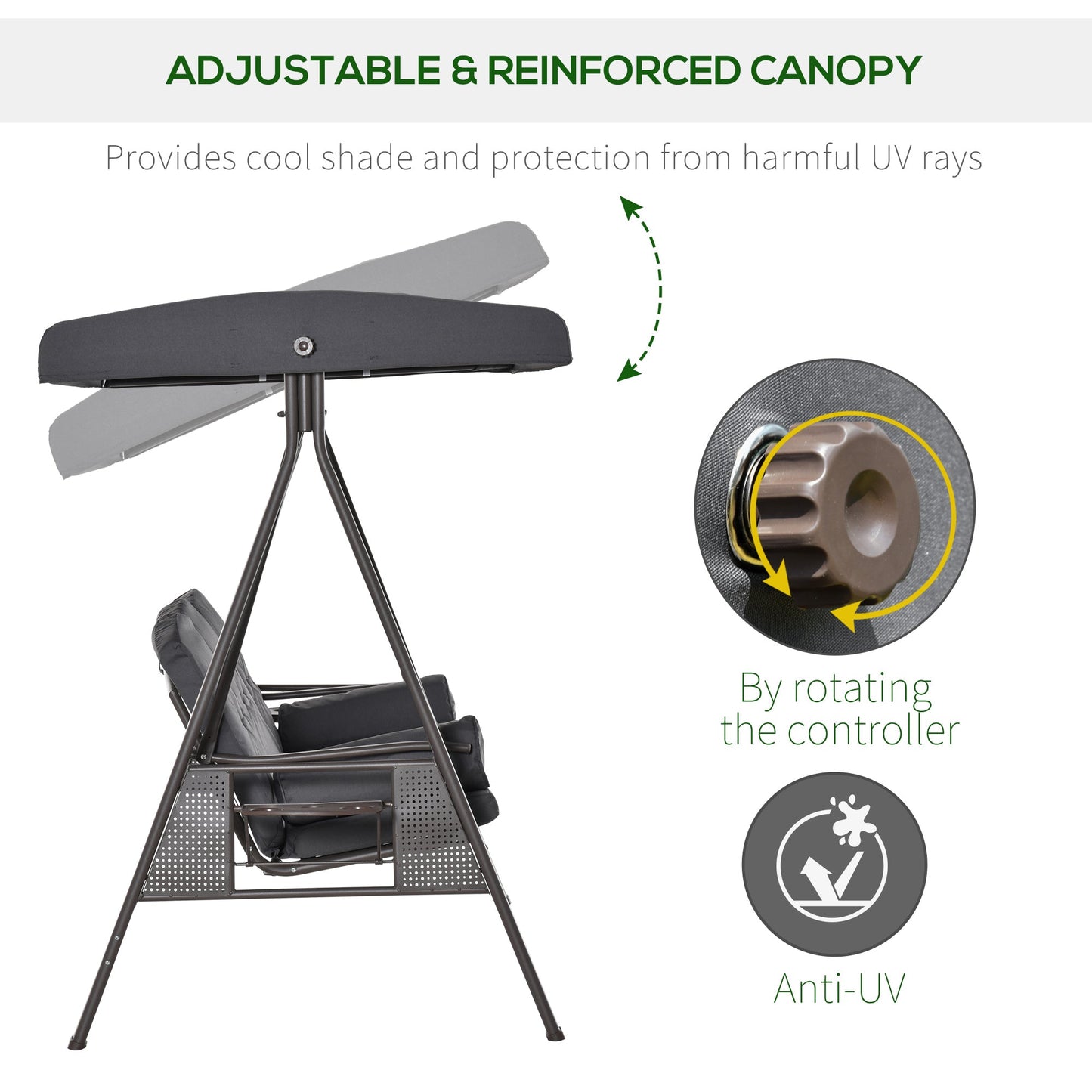 Outsunny 3 Seater Garden Swing Chair Outdoor Hammock Bench w/ Adjustable Canopy