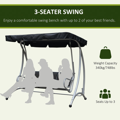 Three Person Steel Outdoor Porch Swing Chair Bench with Canopy Cover - Black
