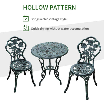 Cast Aluminium Outdoor Patio Garden Bistro Elegant Design Table Chair Set - Green 3-Piece