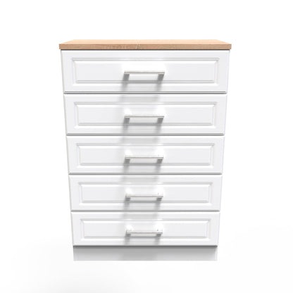 Kent Tall Chest of Drawers White & Oak 5 Drawers 108cm