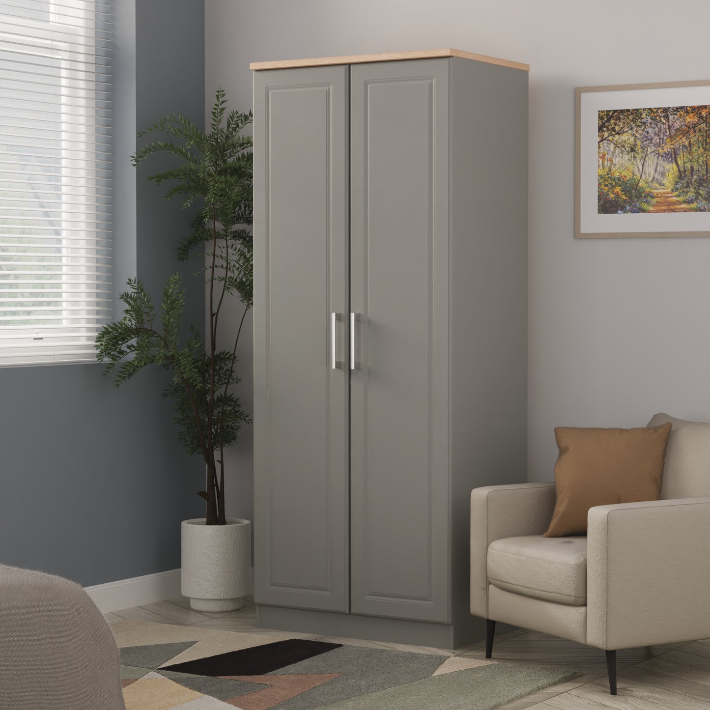 Kent Tall Wardrobe Grey & Oak 2 Doors 1 Shelf 182cm