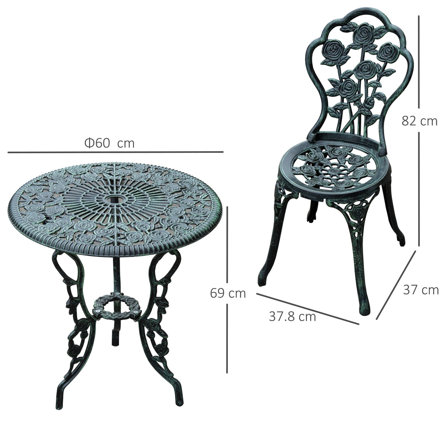 Cast Aluminium Outdoor Patio Garden Bistro Elegant Design Table Chair Set - Green 3-Piece