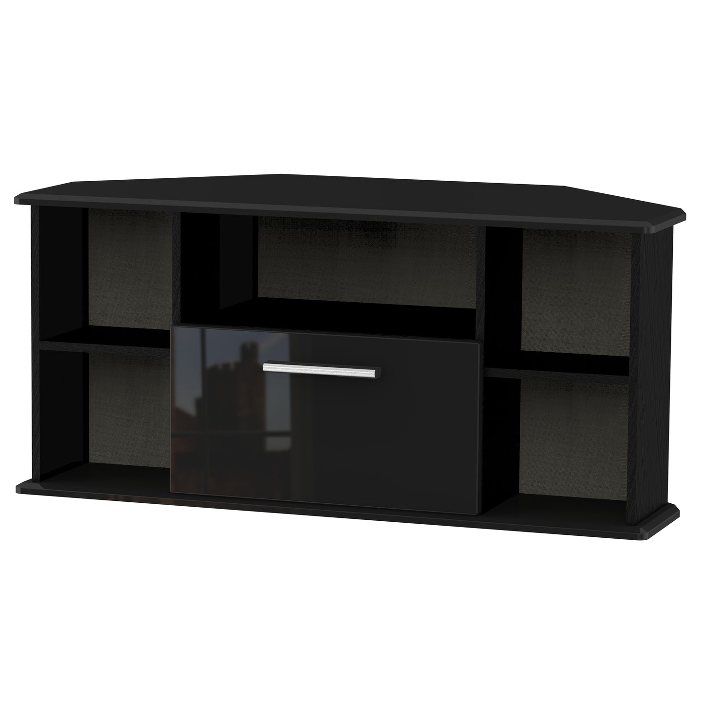 Knightsbridge Corner Corner TV Unit Black 5 Shelves 1 Drawer 112cm