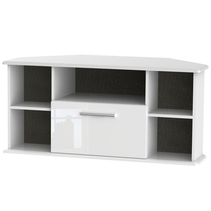 Knightsbridge Corner Corner TV Unit White 5 Shelves 1 Drawer 112cm