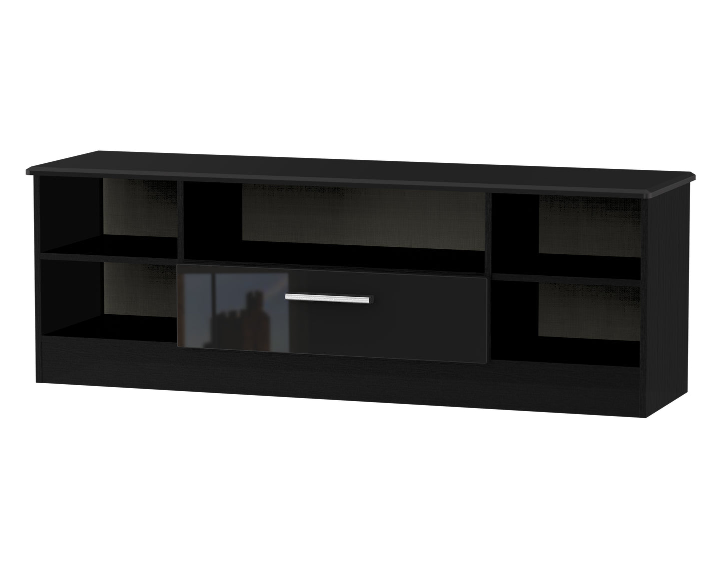 Knightsbridge TV Unit Black 5 Shelves 1 Drawer 146cm
