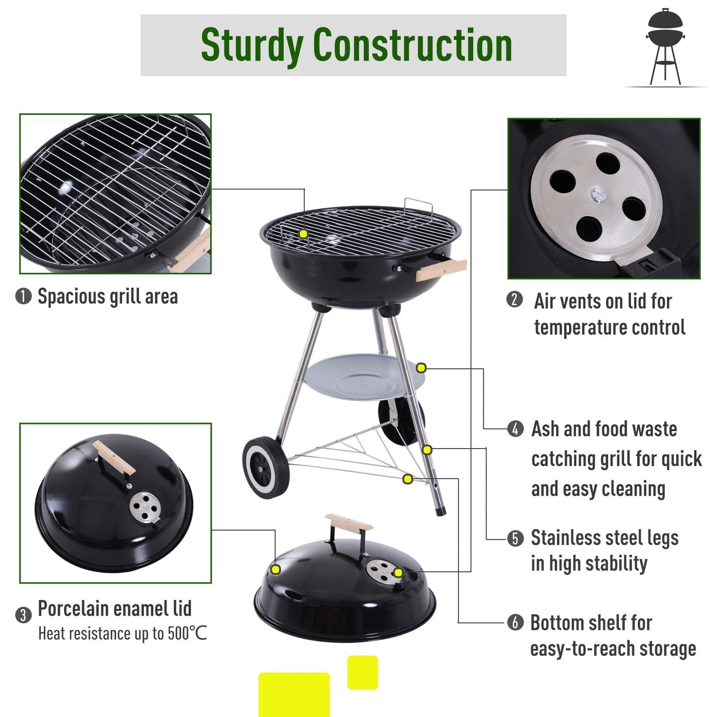 Portable Round Kettle Charcoal Grill BBQ Smoker with Lid Outdoor Heat Control Party Patio Barbecue Garden