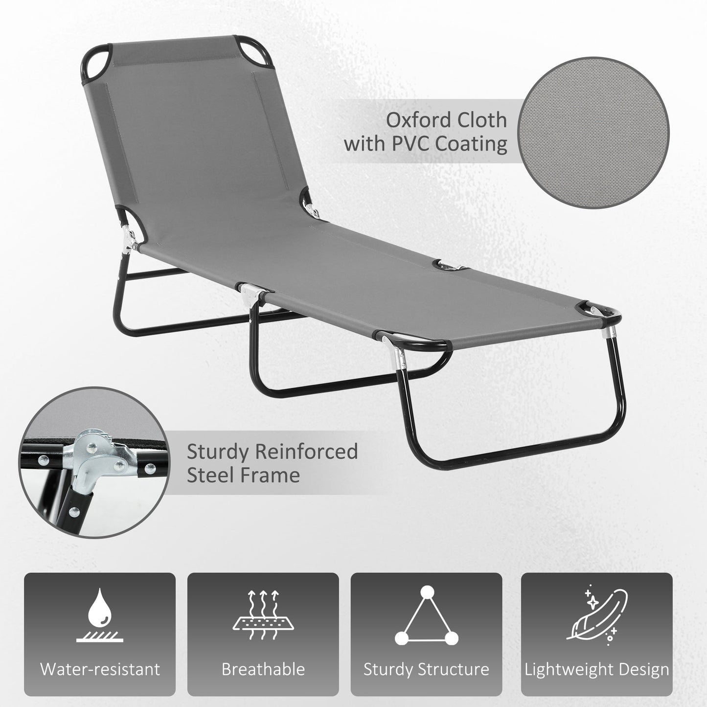 Portable Folding Sun Lounger With 5-Position Adjustable Backrest Relaxer Recliner with Lightweight Frame Great for Pool or Sun Bathing Grey