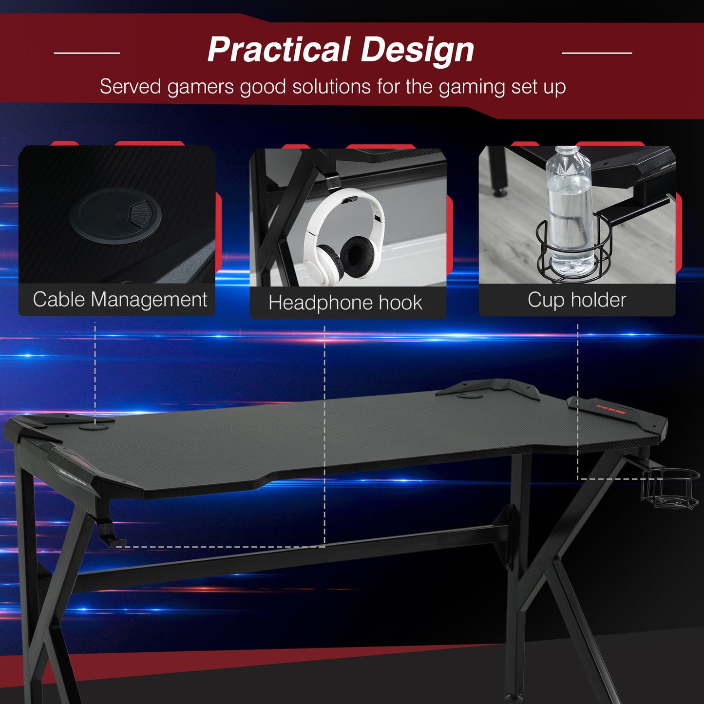 Gaming desk with Cup Holder Headphone Hook Feet Adjustable 120 x 66 x 75cm Black