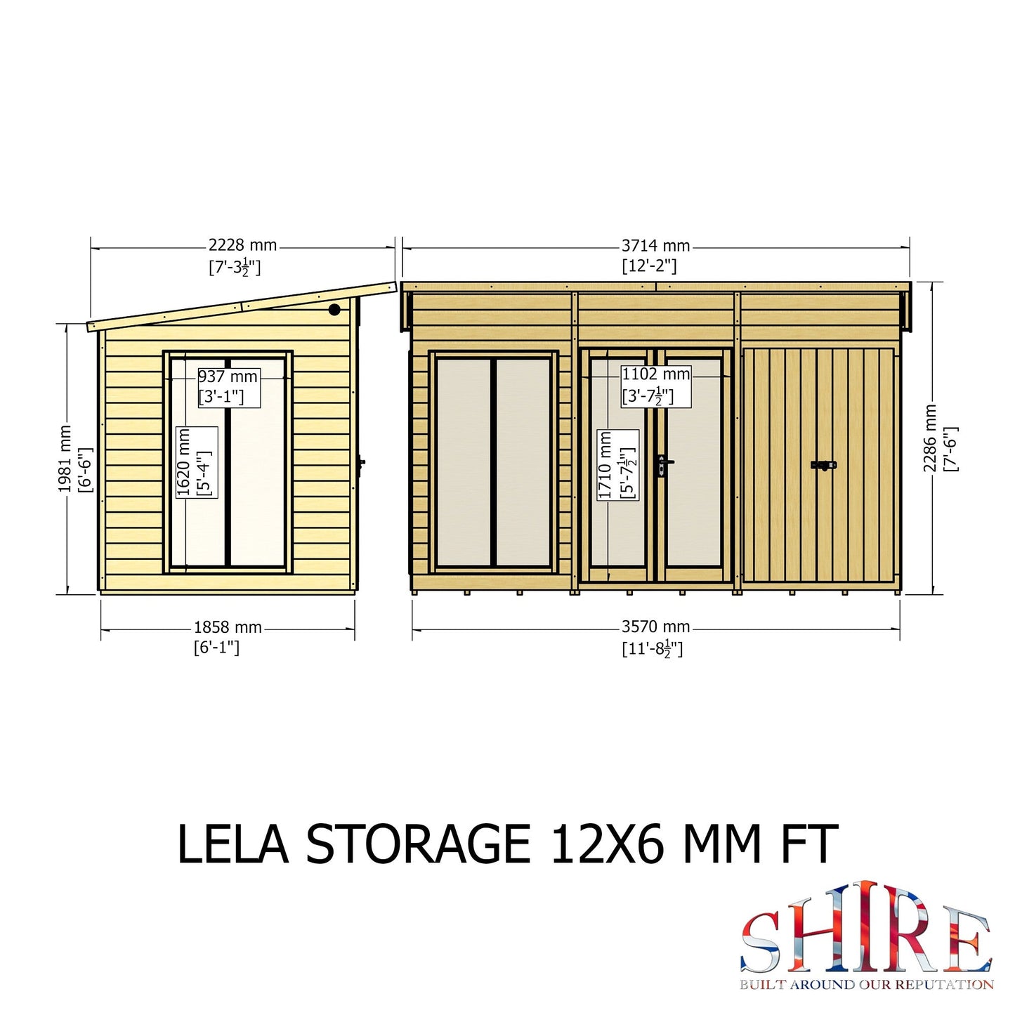 Shire Lela 5' 10" x 11' 8" Pent Summerhouse with Side Shed - Premium Dip Treated Shiplap