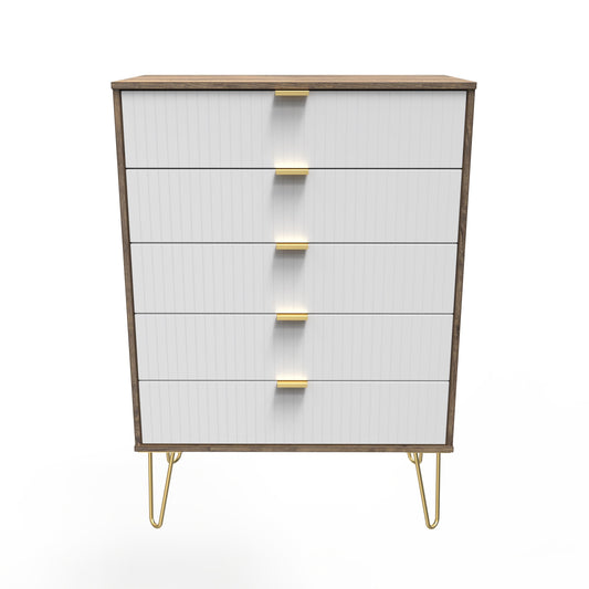 Linear Tall Chest of Drawers White & Oak 5 Drawers 109cm