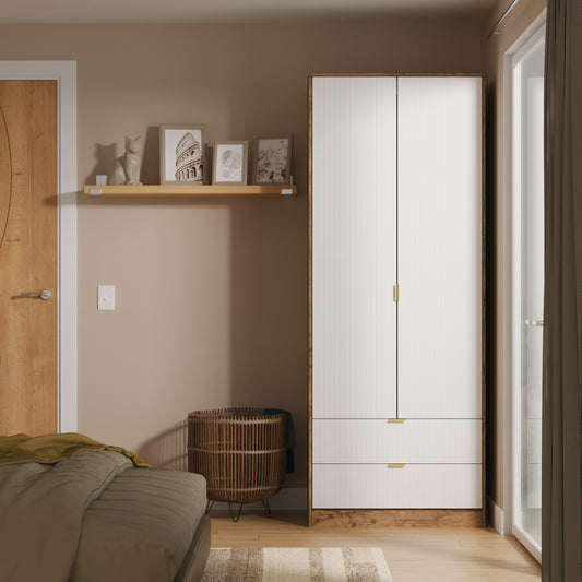 Linear Tall Wardrobe White & Oak 2 Doors 2 Drawers 197cm