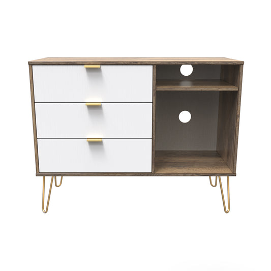 Linear TV Unit White & Vintage Oak 2 Shelves 3 Drawers 40cm