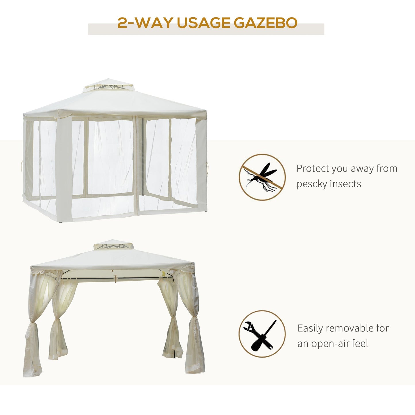 3 x 3 Meter Metal Gazebo Garden Outdoor 2-tier Roof Marquee Party Tent Canopy Pavillion Patio Shelter with Netting - Cream White