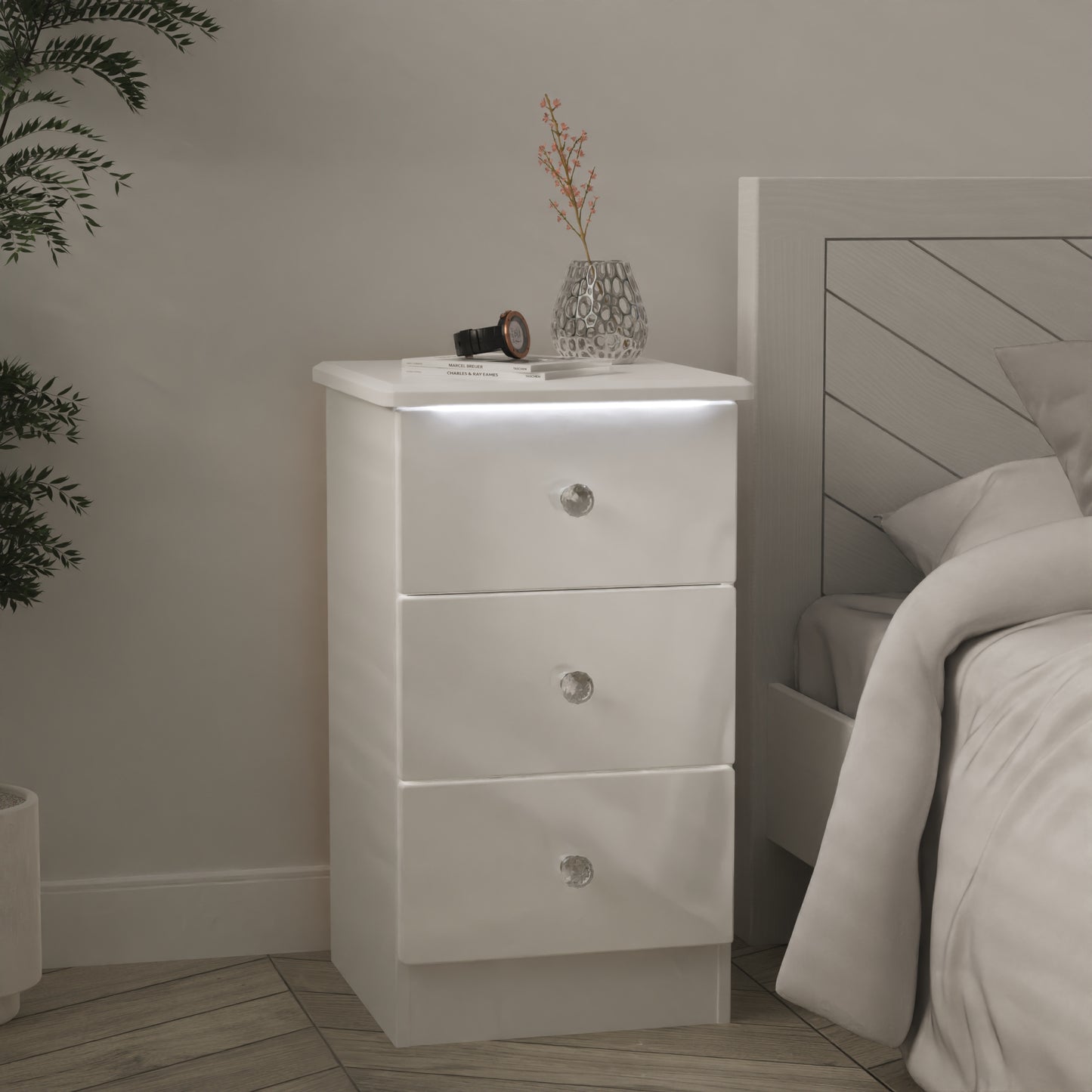 Lumiere Bedside Table with LED lights White 3 Drawers 70cm