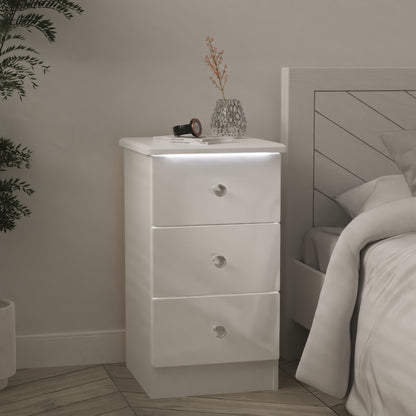 Lumiere Bedside Table with LED lights White 3 Drawers 70cm