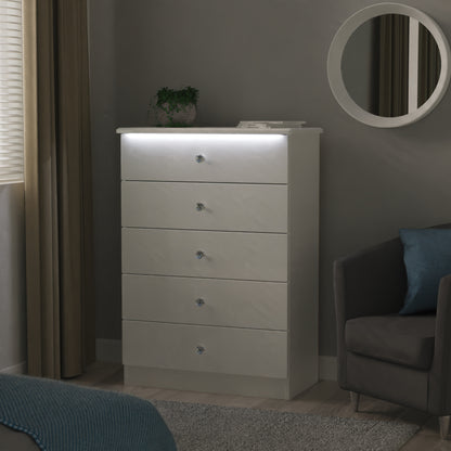 Lumiere Tall Chest of Drawers with LED lights White 5 Drawers 108cm