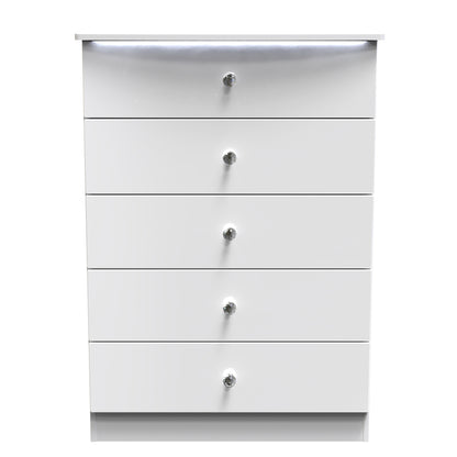 Lumiere Tall Chest of Drawers with LED lights White 5 Drawers 108cm